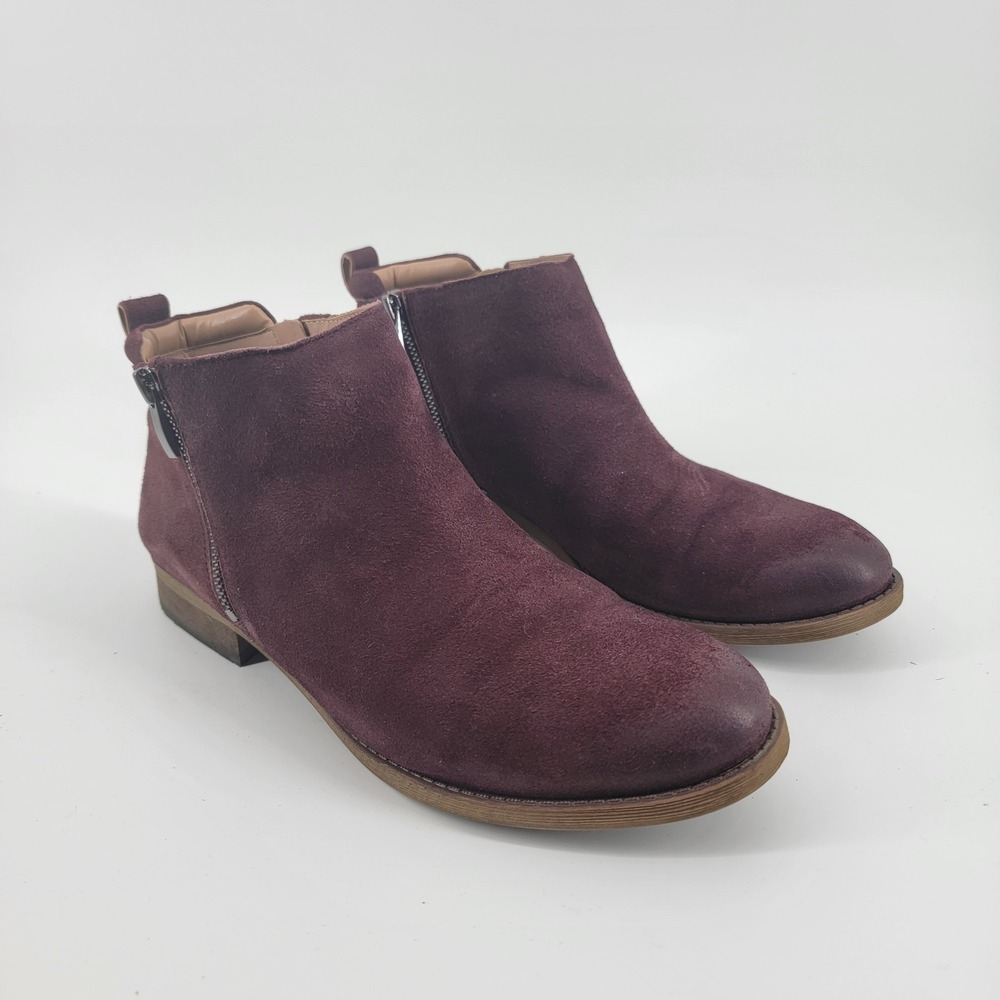 Franco Sarto Keegan Ankle Boot Women 9M Burgundy Suede Dual Zip Low Block Heel
